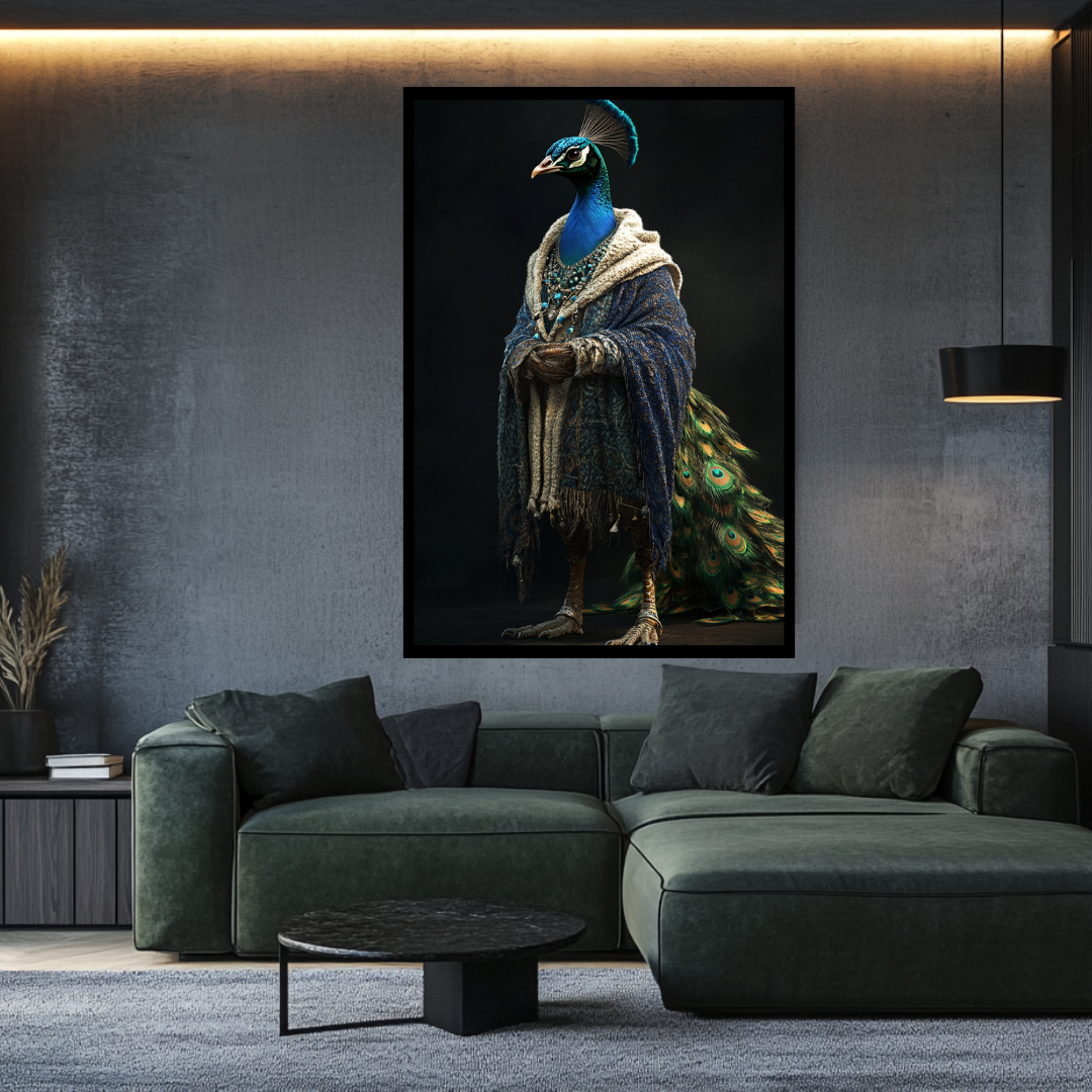 Large giclée print of a colorful anthropomorphic peacock on canvas, 90x120cm by My Store