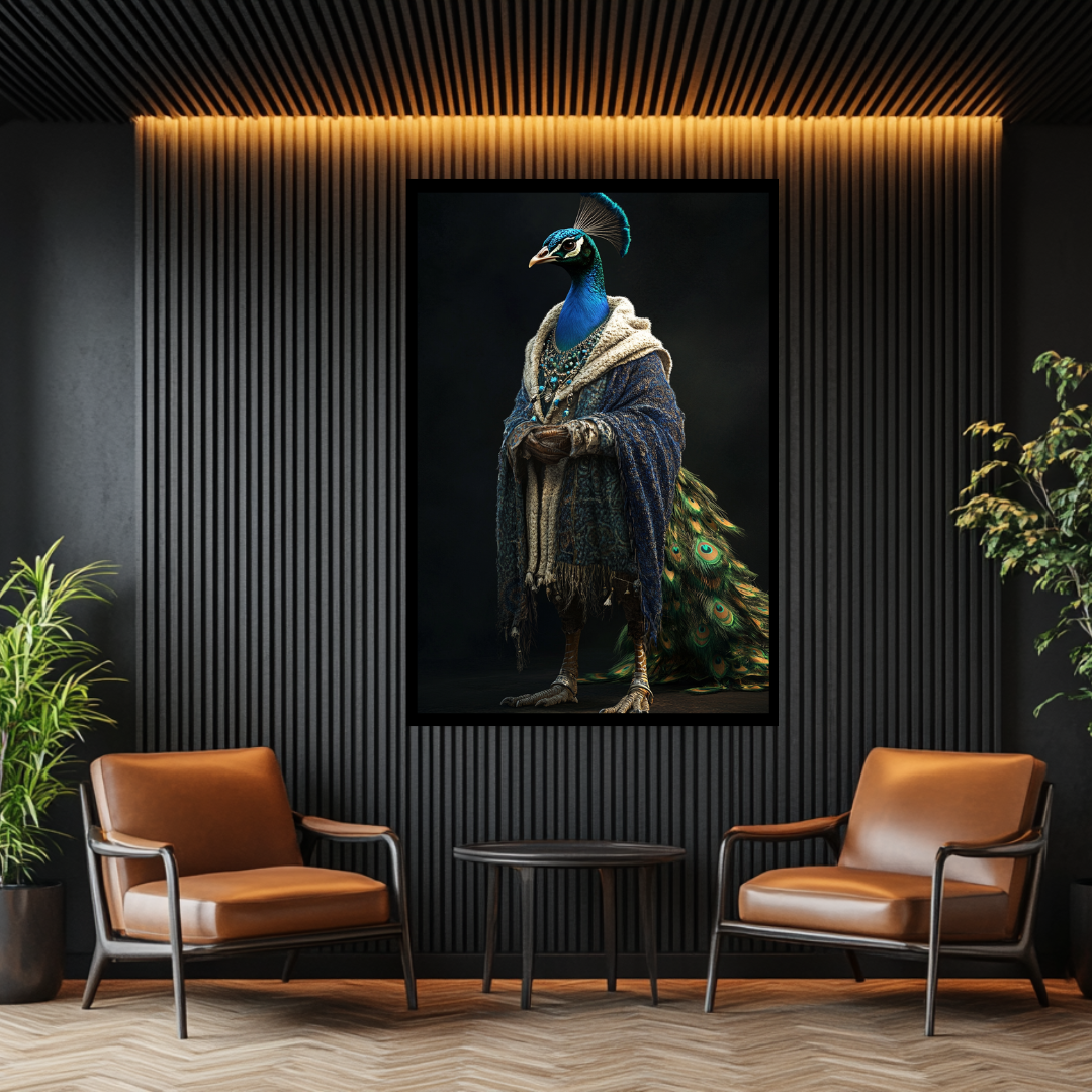 Large giclée print of an anthropomorphic peacock, colorful art piece by My Store, 90x120cm canvas wall decor.