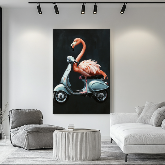 Large pink Vespa digital art print on canvas featuring anthropomorphic bird design, 90x120cm by My Store