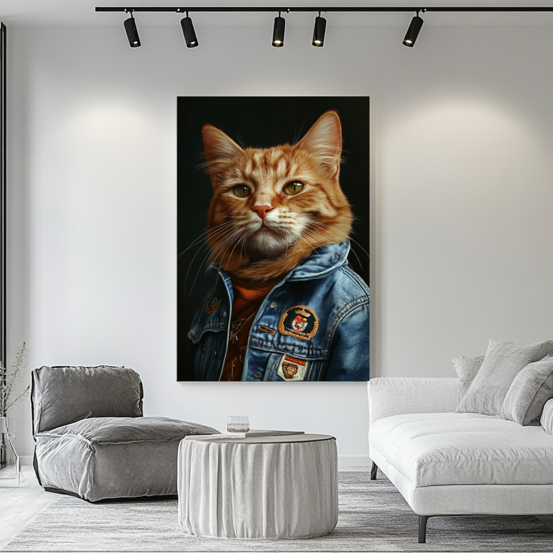 Aviator ginger cat canvas print, digital art giclée, 90x120cm, featuring anthropomorphic design and aviation theme.