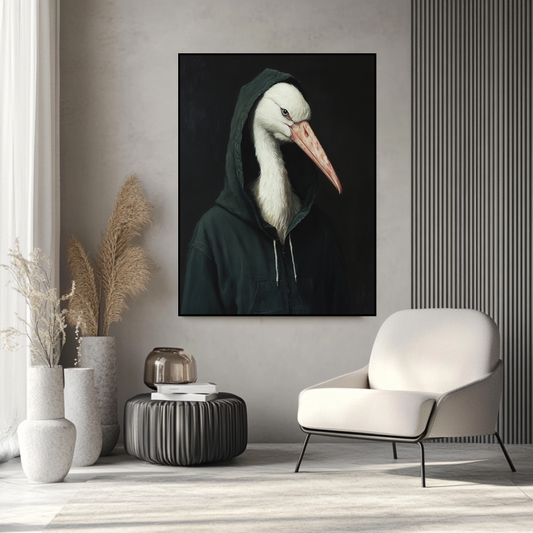 Anthropomorphic bird portrait print by My Store, featuring vibrant colors and detailed wildlife art.