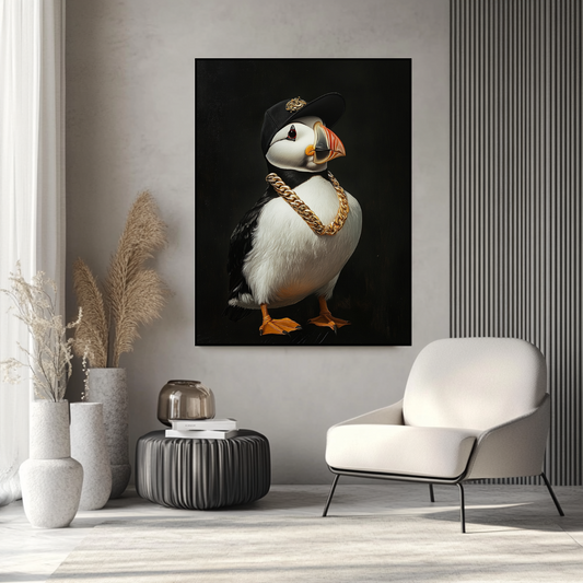 Large 90x120cm canvas print of a puffin in vibrant colors, featuring wildlife art by My Store.