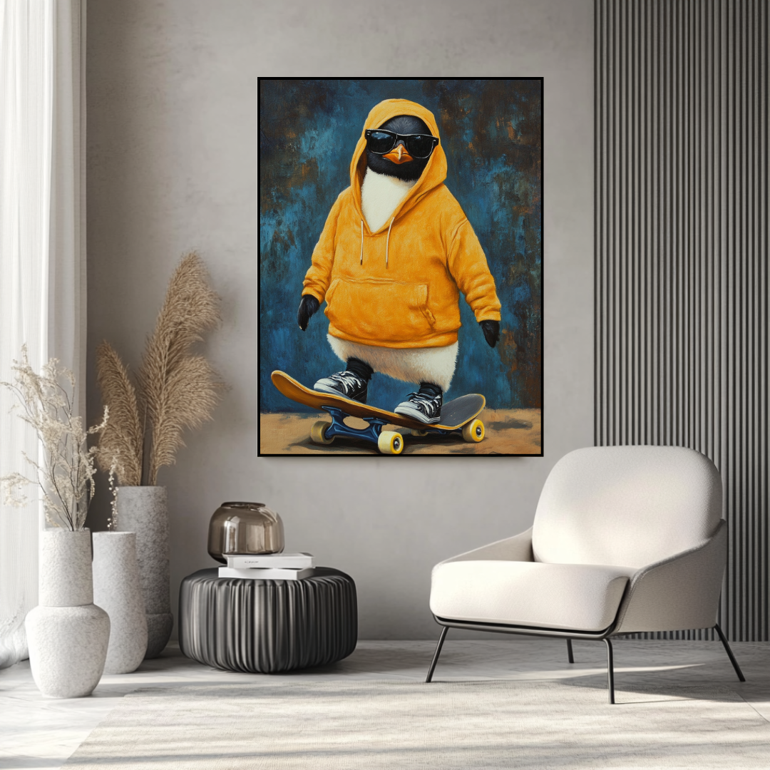 Skatepark Penguin digital giclée canvas print, 90x120cm, featuring an anthropomorphic penguin in vibrant colors.