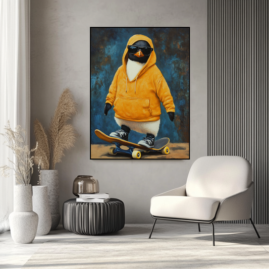 Skatepark Penguin digital giclée canvas print, 90x120cm, featuring an anthropomorphic penguin in vibrant colors.