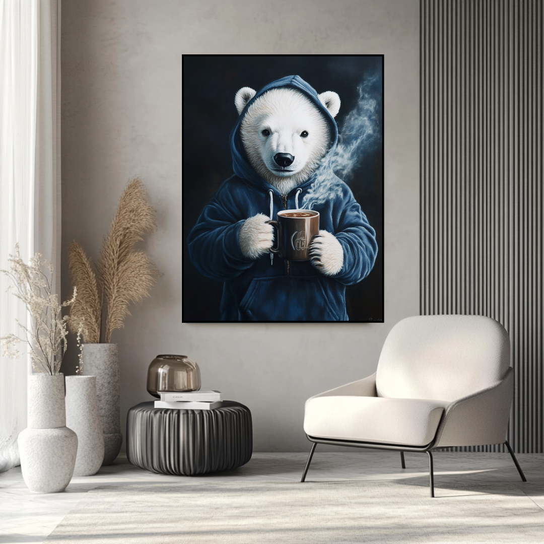 Hot tea anthropomorphic animal digital art print on canvas by My Store, featuring vibrant colors and whimsical design.