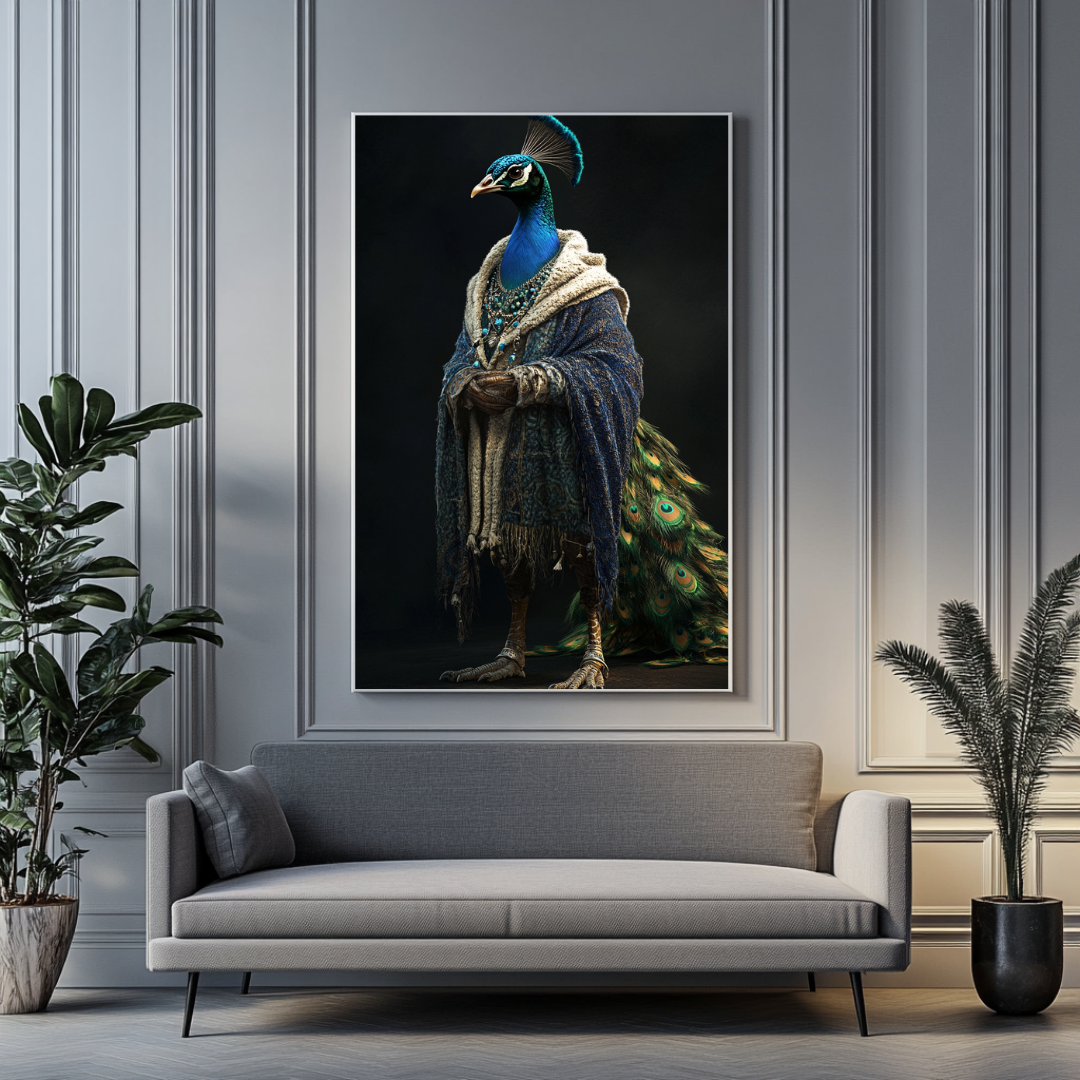 Large giclée print of an anthropomorphic peacock in vibrant colors, 90x120cm by My Store