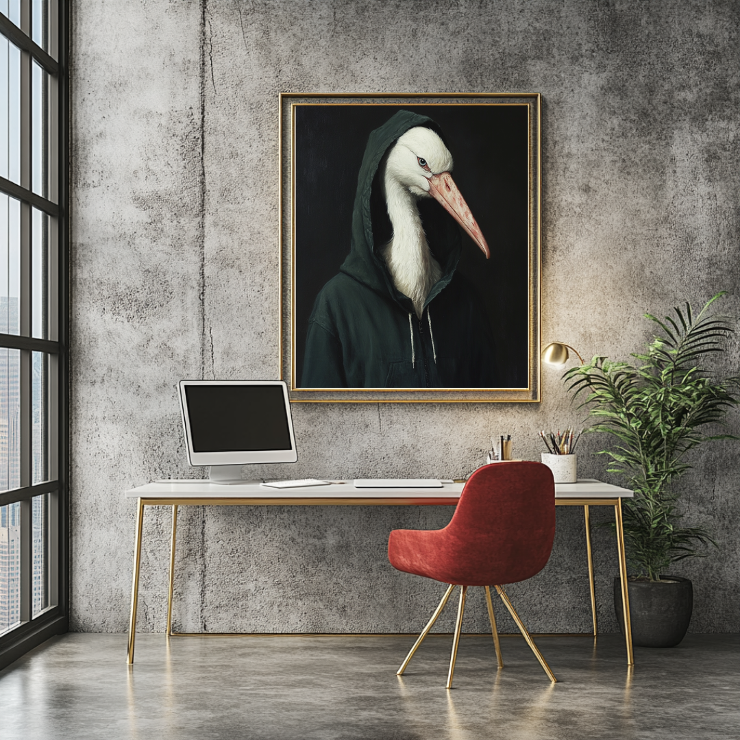 Anthropomorphic bird portrait print by My Store, featuring vibrant colors and detailed wildlife art.