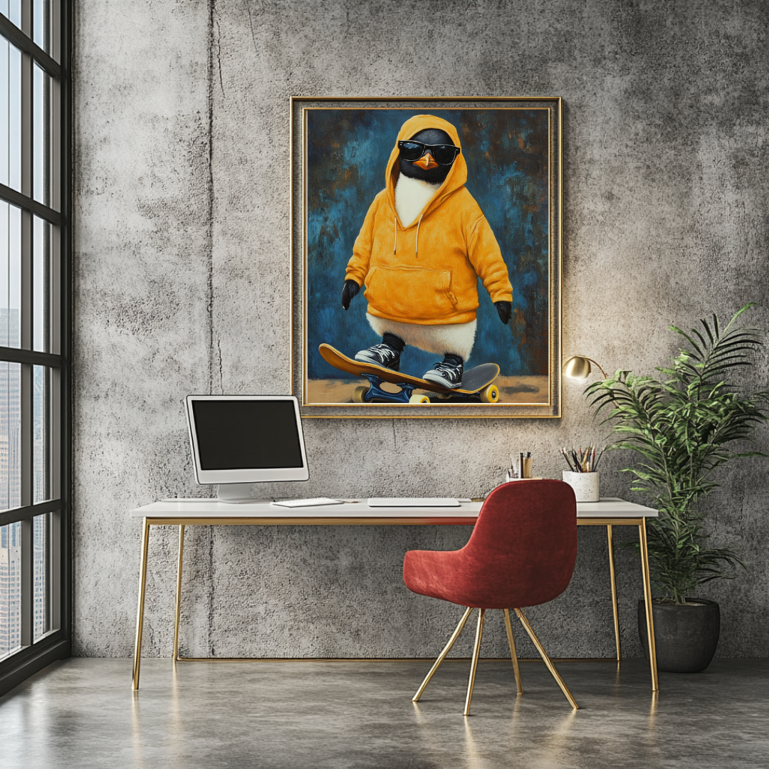 Skatepark Penguin digital giclée canvas print, 90x120cm, vibrant colors, anthropomorphic animal portrait by My Store