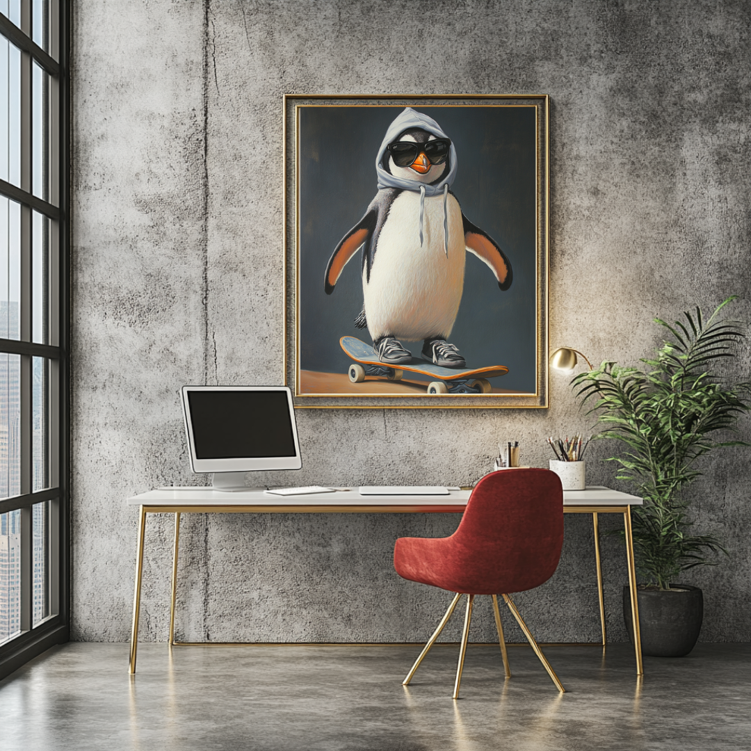 Anthropomorphic penguin canvas art print by My Store, 90x120cm, featuring vibrant colors and playful design.