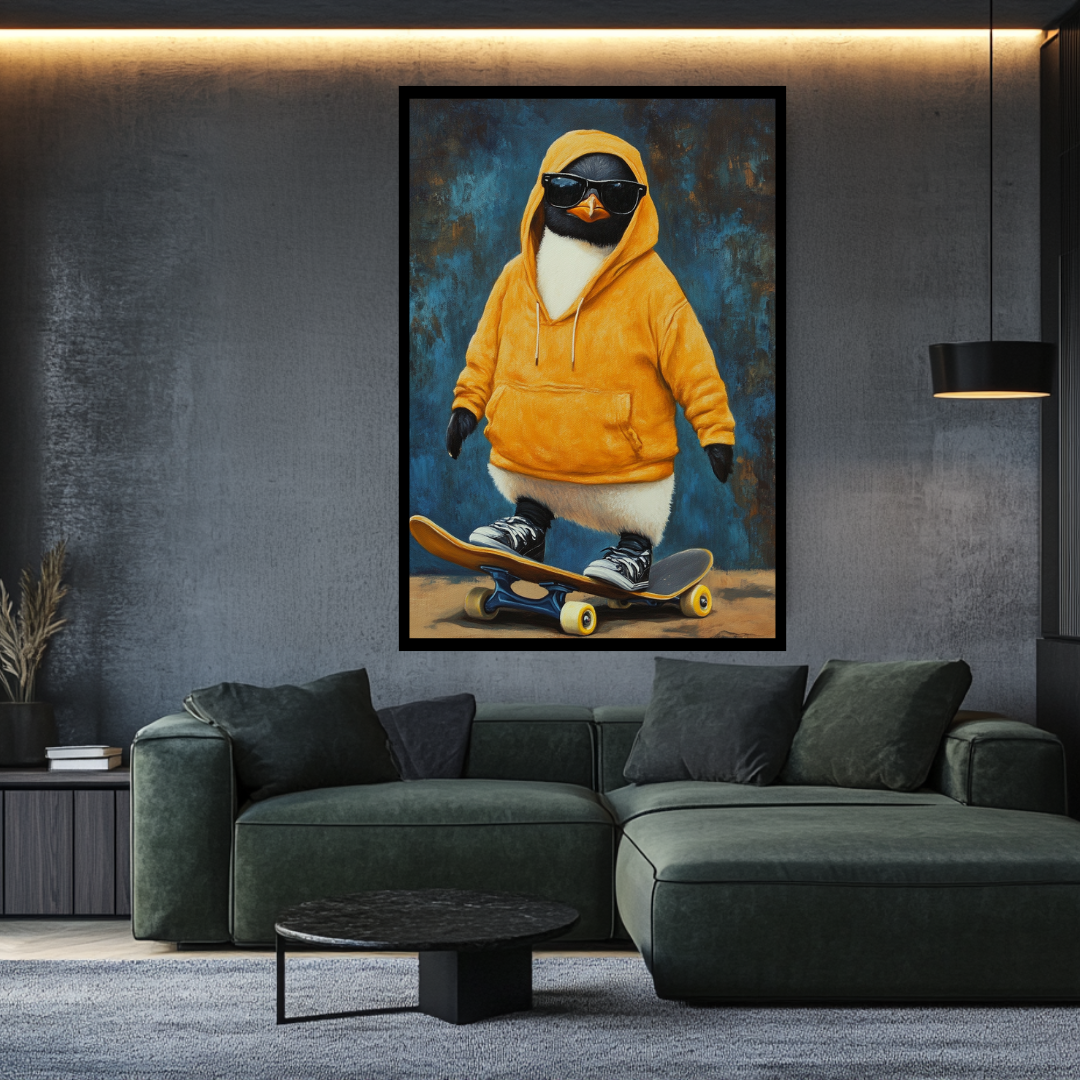Skatepark Penguin digital giclée canvas print, 90x120cm, colorful anthropomorphic design by My Store