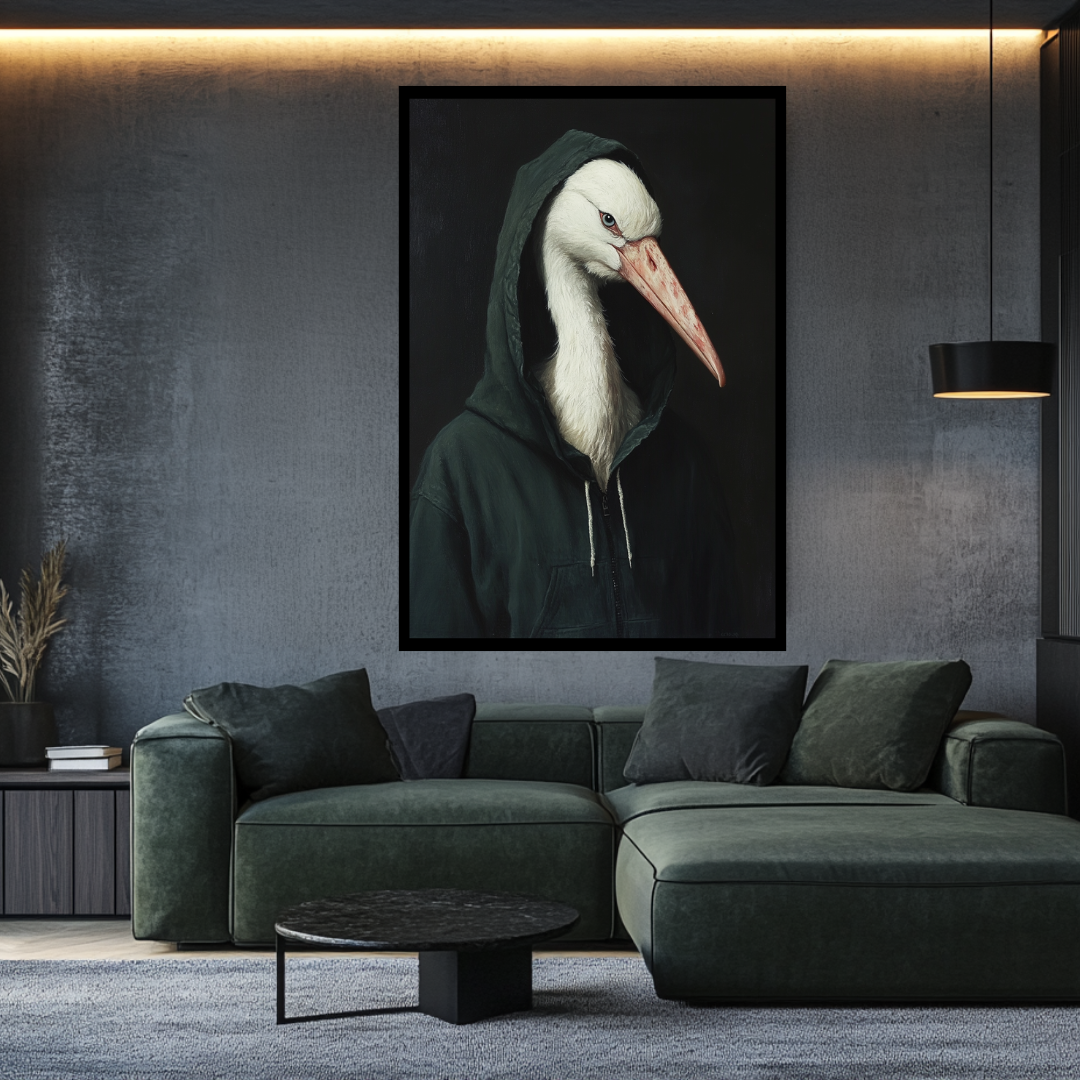 Anthropomorphic bird portrait print by My Store, featuring vibrant colors and detailed wildlife art.