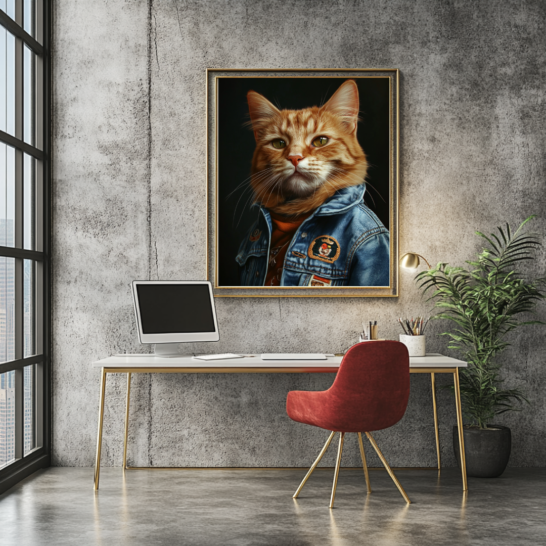 Aviator ginger cat canvas print, digital art giclée, 90x120cm, featuring an anthropomorphic cat in aviation decor.