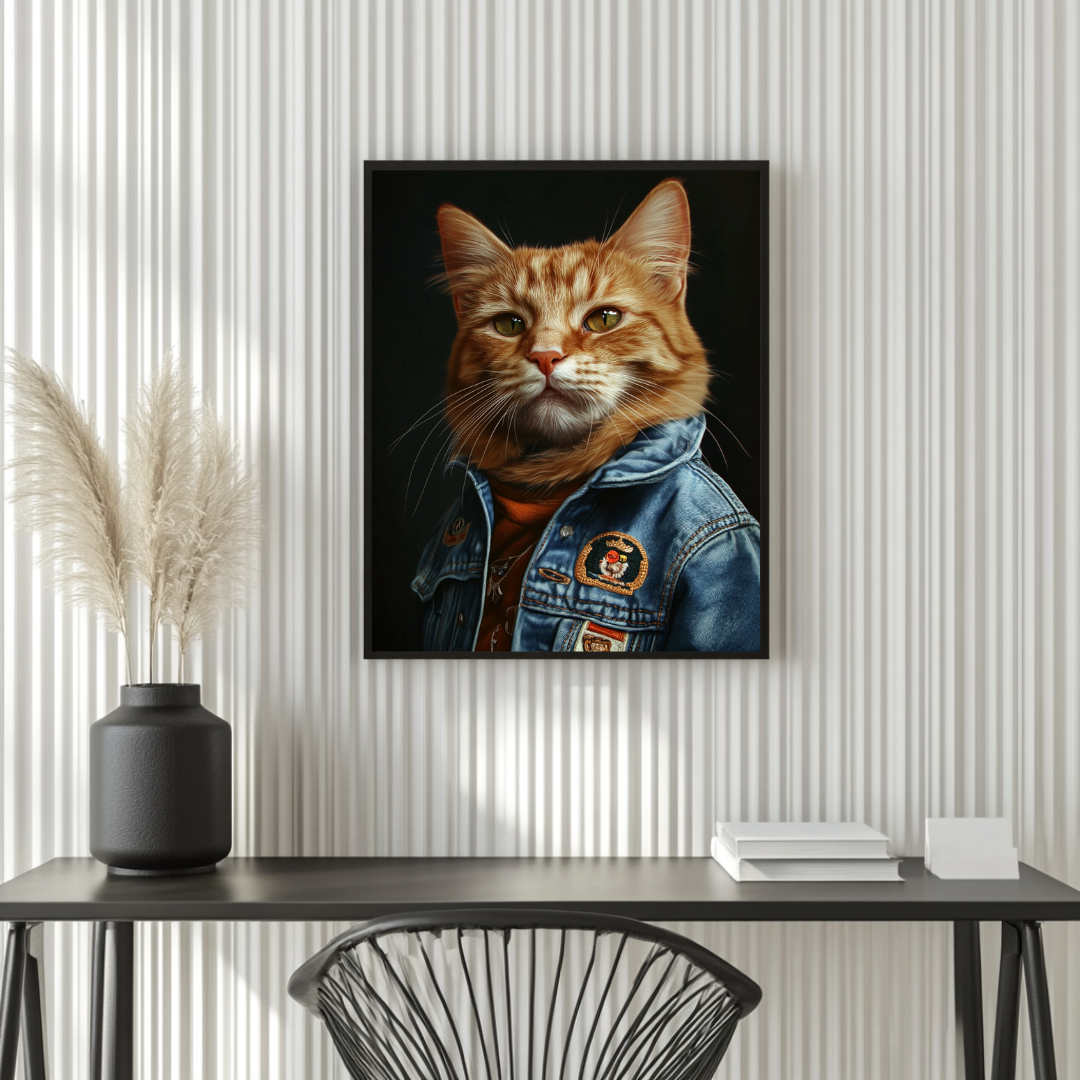 Aviator ginger cat canvas print, digital art giclée, 90x120cm, featuring a whimsical anthropomorphic design.