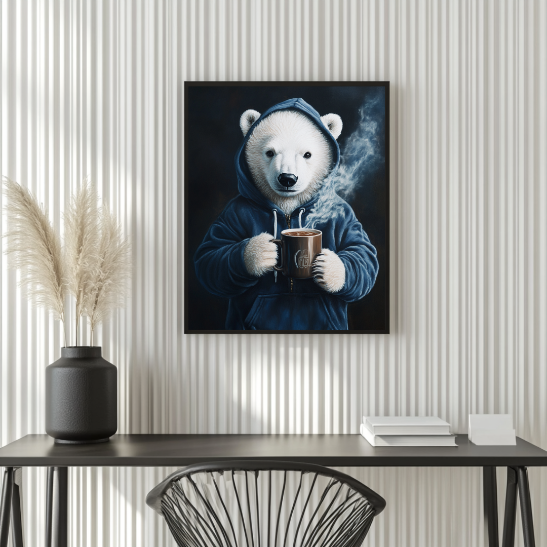Hot tea-themed anthropomorphic animal canvas print by My Store, featuring vibrant colors and whimsical design.