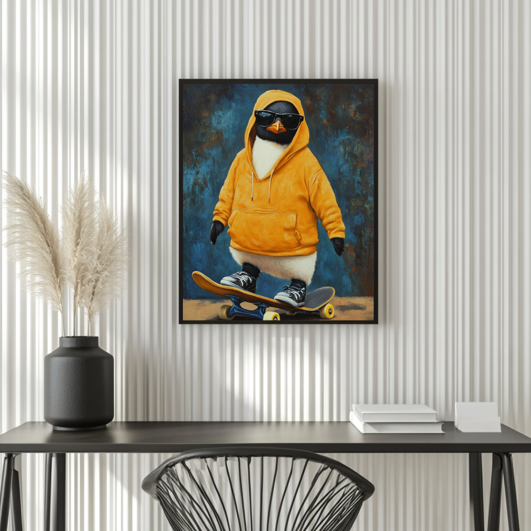 Colorful skatepark penguin wall art print on canvas, 90x120cm, by My Store, featuring a playful anthropomorphic design.