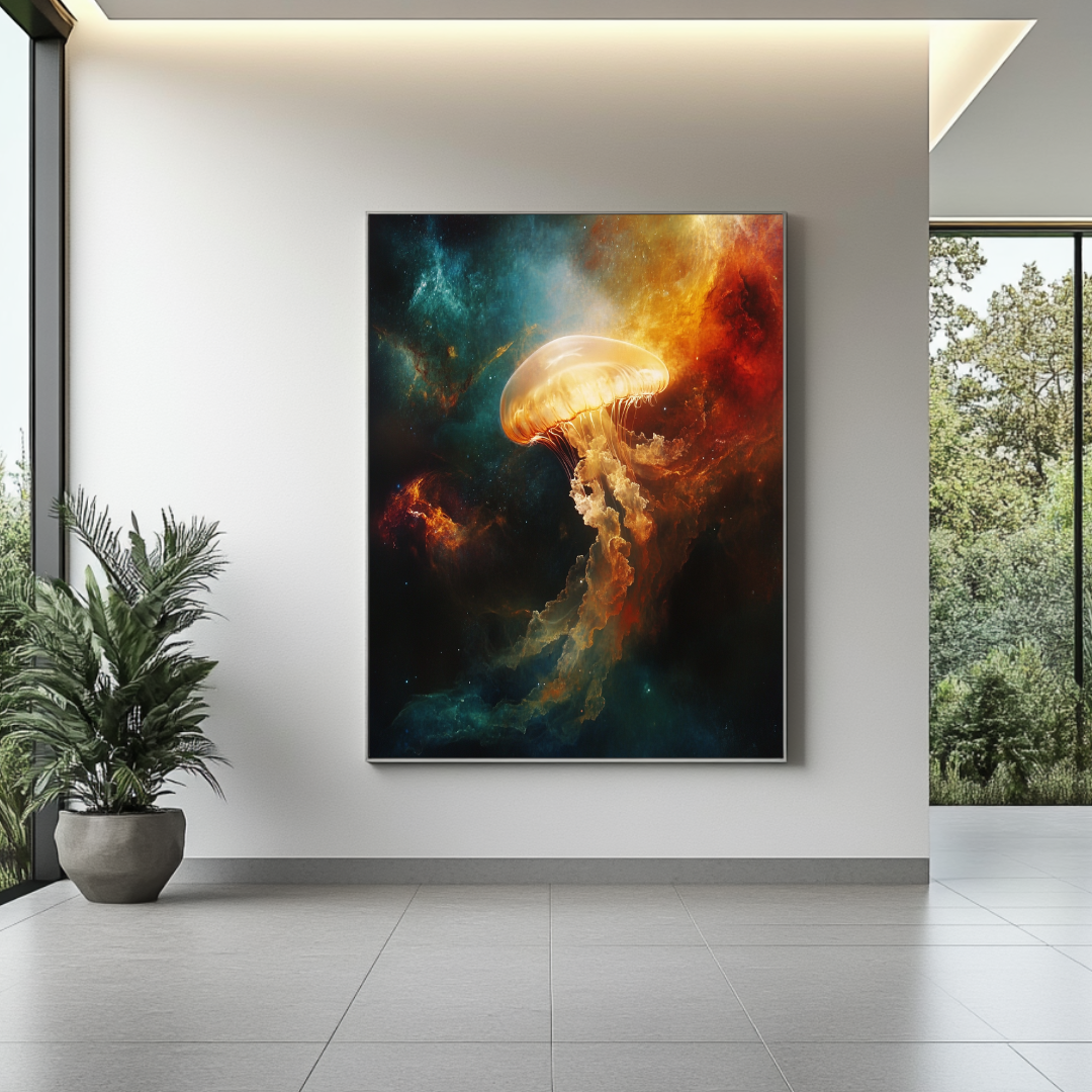 Large abstract space art canvas print featuring vibrant colors and alien figures, 90x120cm by My Store