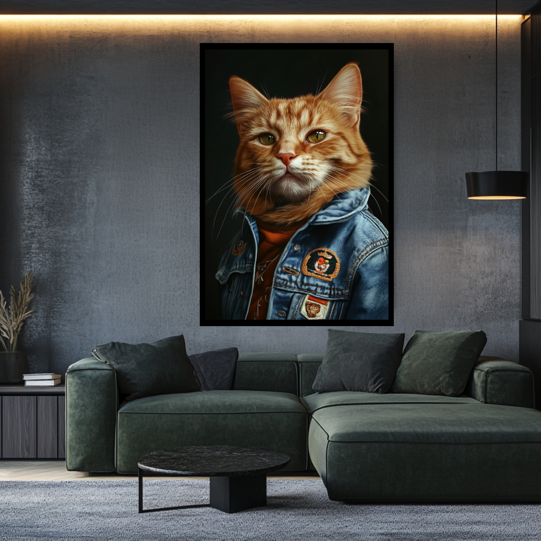 Aviator ginger cat canvas print, digital art giclée, 90x120cm, featuring an anthropomorphic feline in aviation theme.