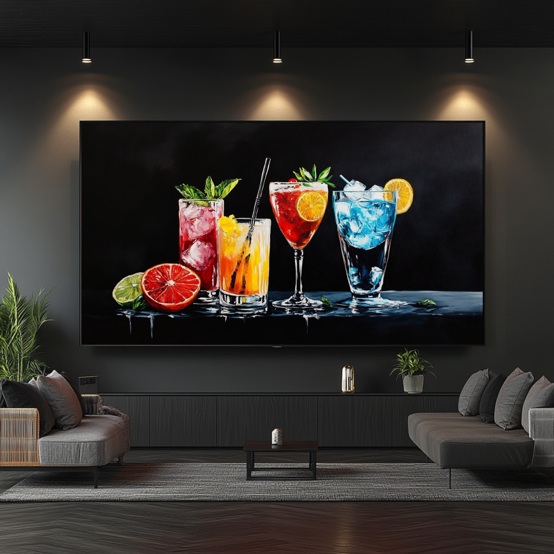 Colorful cocktail wall art canvas print by My Store, featuring vibrant digital artwork, 130x77cm size.