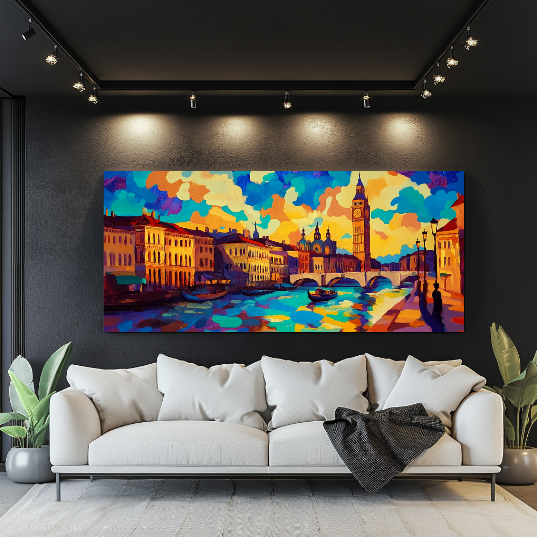 Golden Thames London canvas print featuring an ultrawide city skyline in contemporary art style, 150x64cm by My Store