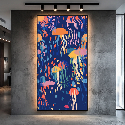Large abstract jellyfish canvas art in vibrant colors, 74x130cm, by My Store, perfect for marine-themed decor.