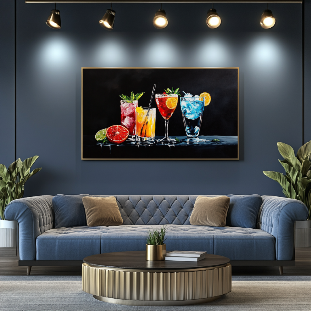 Colorful cocktail wall art canvas print by My Store, featuring vibrant digital artwork in 130x77cm size.