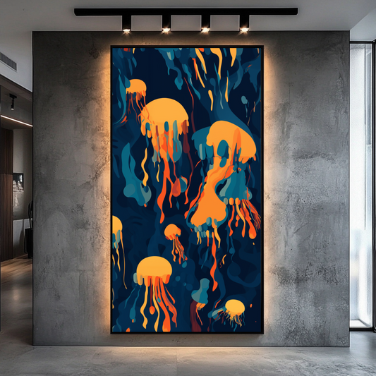 Abstract digital art giclée print featuring alien figures in vibrant colors, 74x130cm by My Store