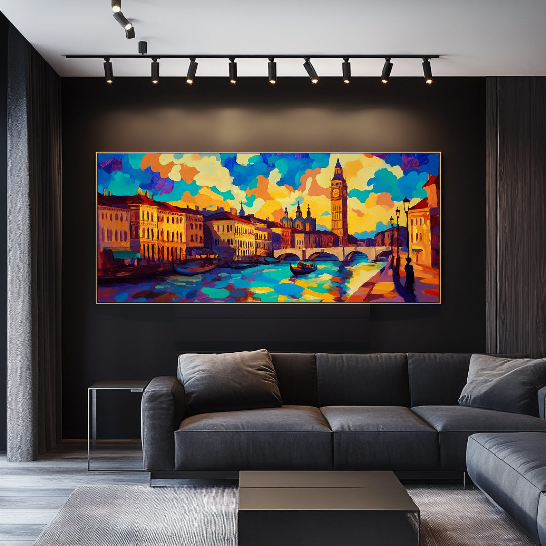 Golden Thames London canvas print featuring an ultrawide city skyline in contemporary style, 150x64cm by My Store
