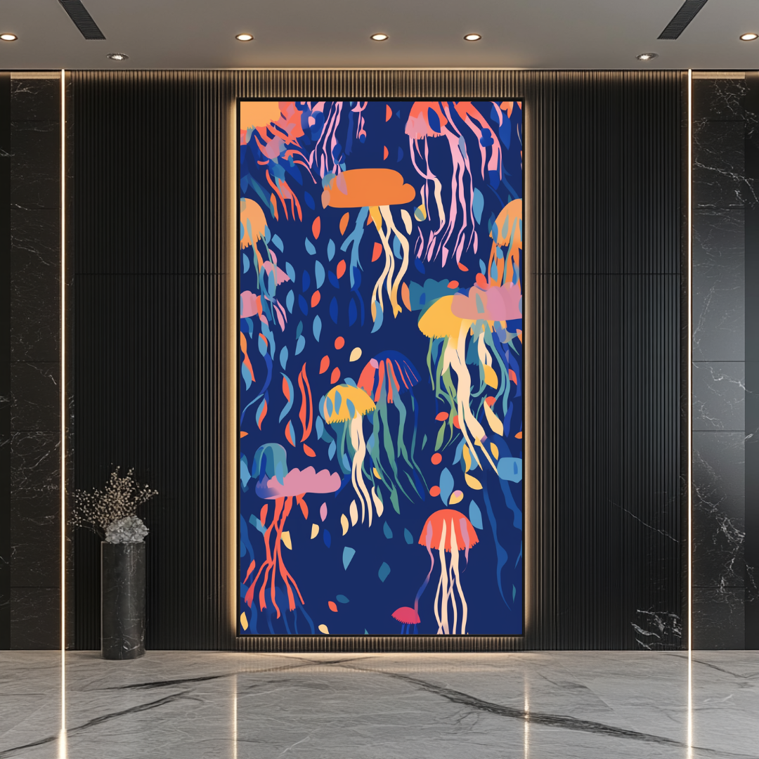 Large abstract jellyfish canvas art in vibrant colors, 74x130cm, by My Store, perfect for marine-themed decor.
