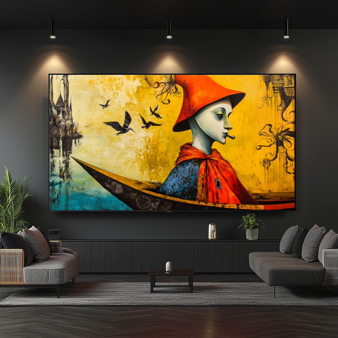 Modern art print 'Nostalgia' by My Store, inspired by famous artwork, featuring vibrant colors and abstract dreamscape desig