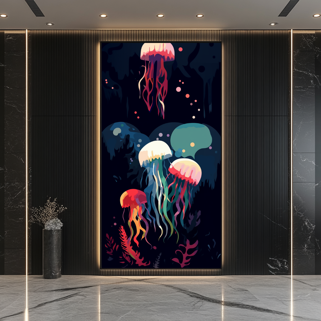 Colorful abstract canvas print featuring cosmic dance and alien figures by My Store