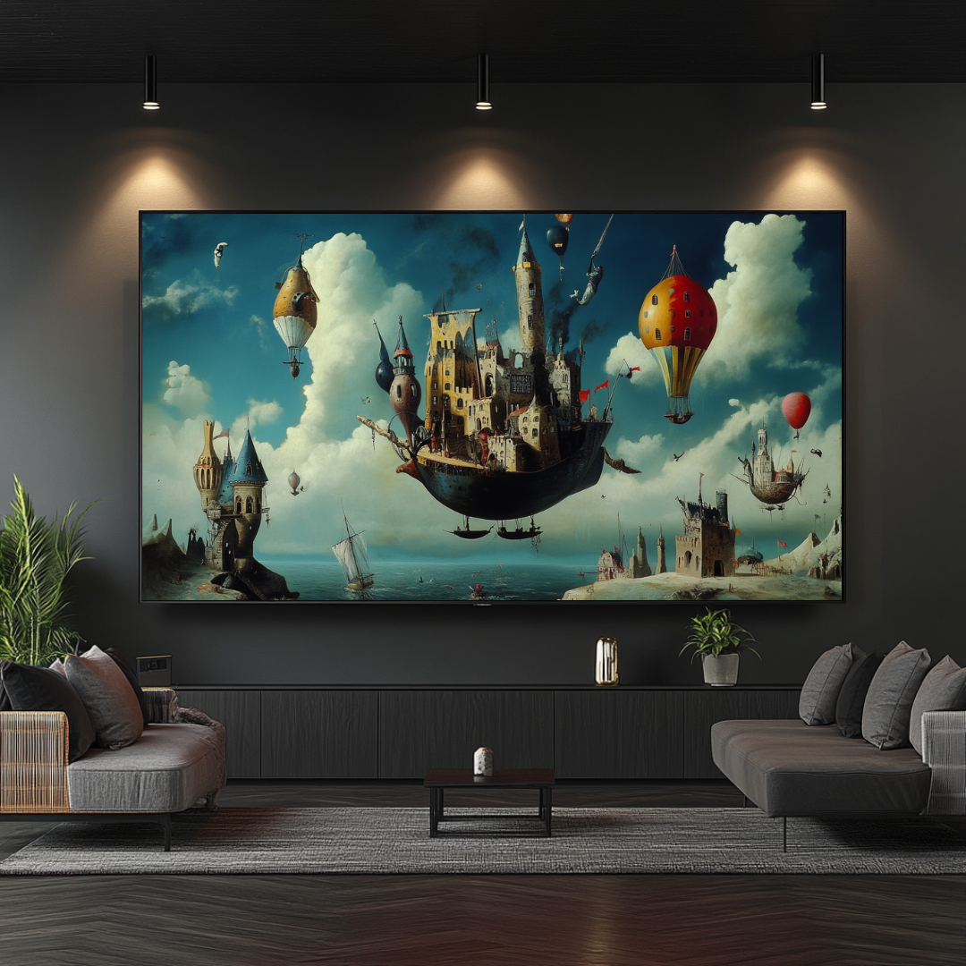 Floating Citadel digital art print on canvas, 80x47cm, featuring contemporary architectural design by My Store