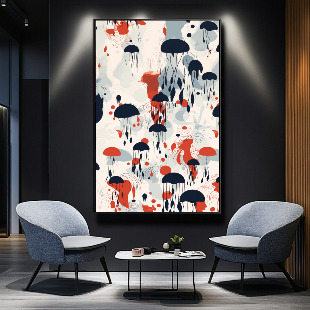 Large abstract ocean art canvas print featuring colorful jellyfish by My Store, measuring 74x130cm.