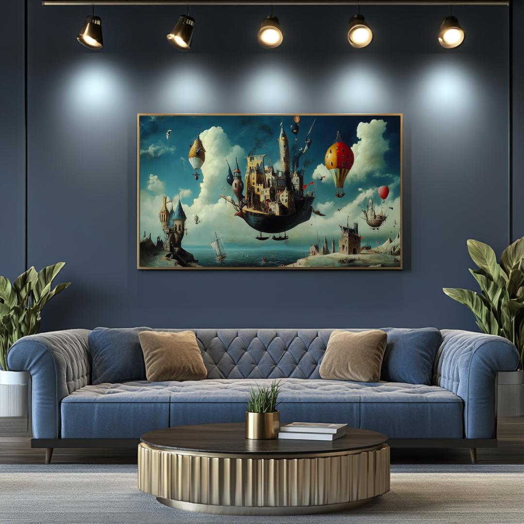Floating Citadel digital art print on canvas, 80x47cm, featuring contemporary architectural design by My Store.