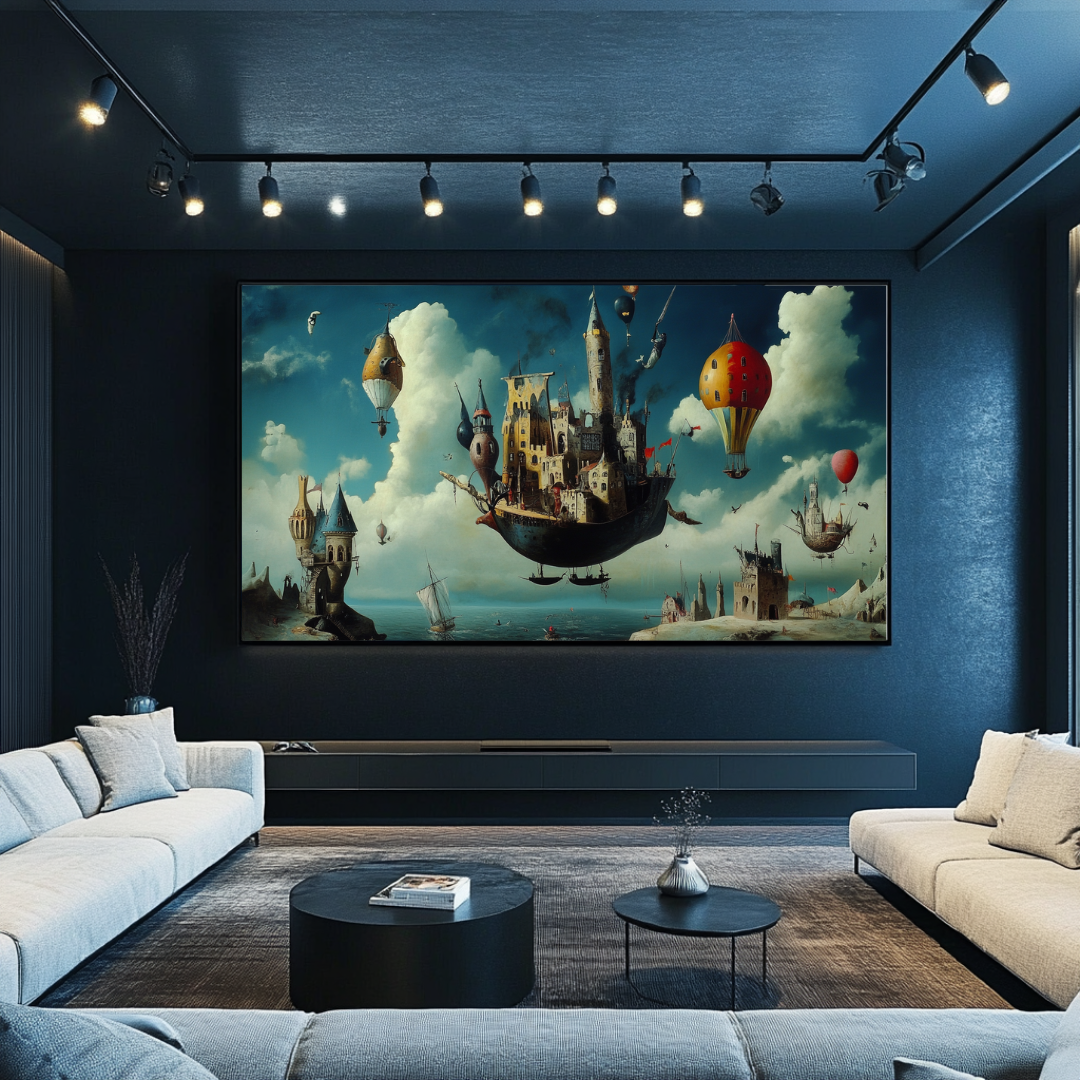Floating Citadel digital art print on canvas, 80x47cm, featuring contemporary architectural design in vibrant colors.