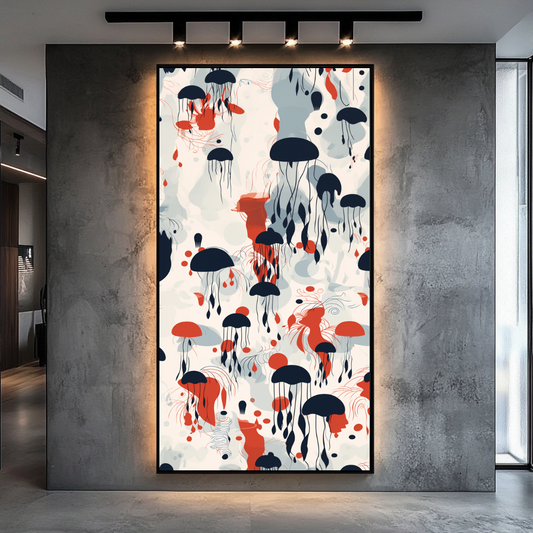 Large abstract ocean art canvas print featuring colorful jellyfish by My Store, 74x130cm