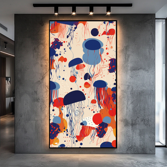 Abstract jellyfish canvas print in vibrant colors, 74x130cm, by My Store, featuring an aquatic theme.