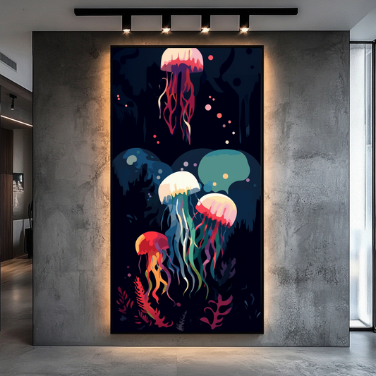 Colorful abstract canvas print featuring cosmic dance and alien figures by My Store