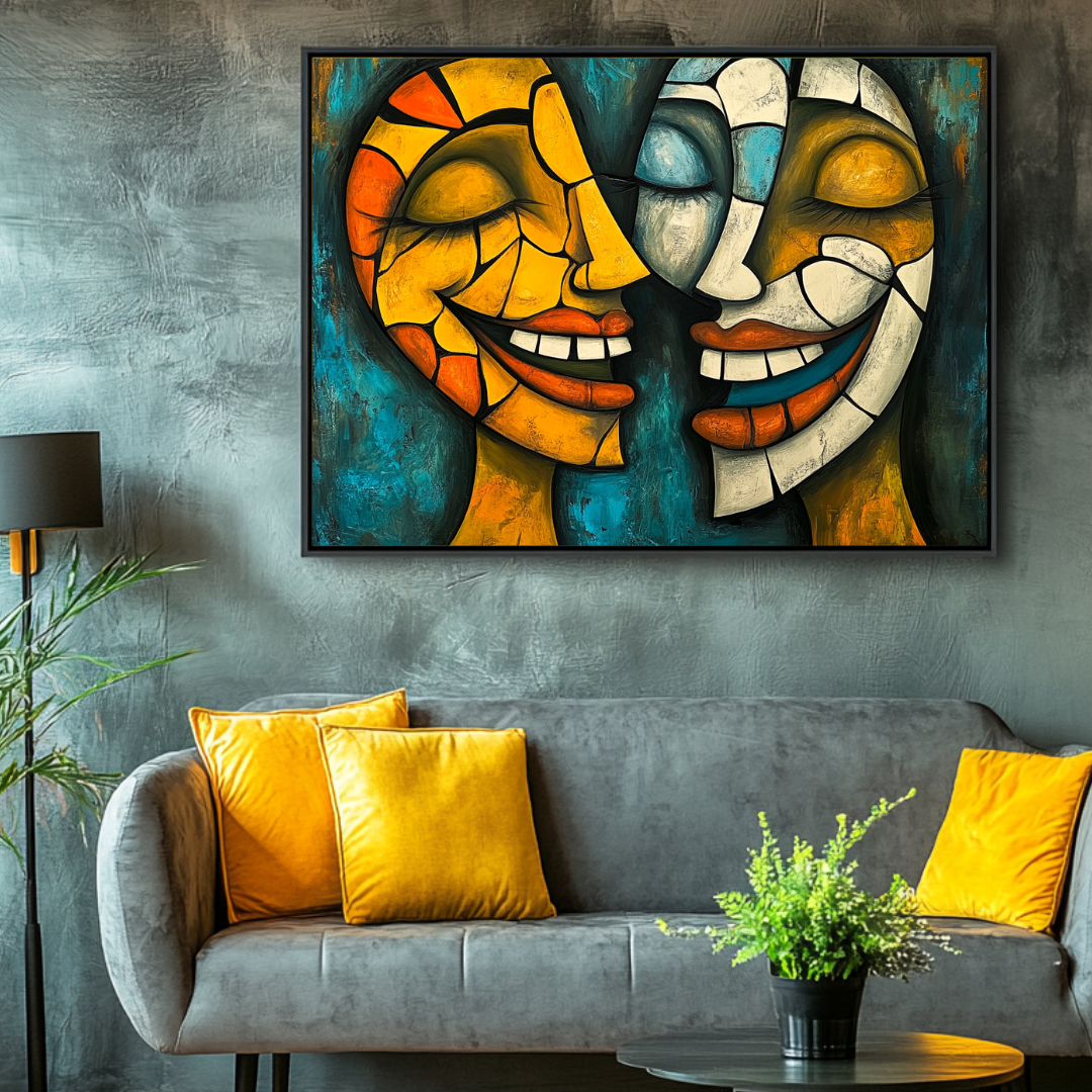 Colorful abstract art canvas print featuring playful figures by My Store, perfect for contemporary wall decor.