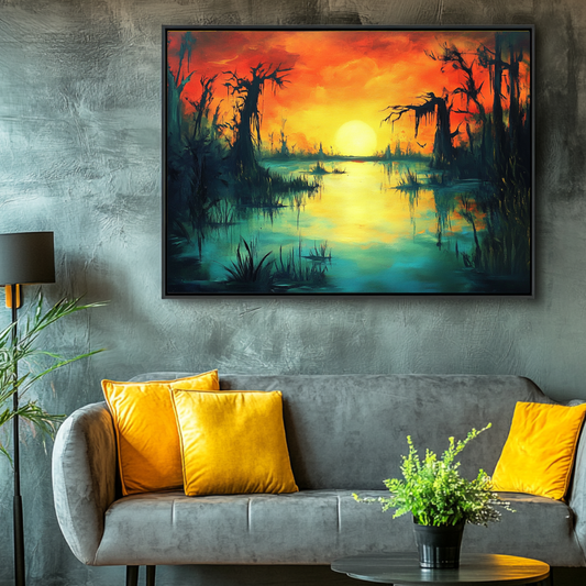 Large surreal swamp digital art canvas print by My Store, featuring abstract nature in vibrant colors, 120x71cm.