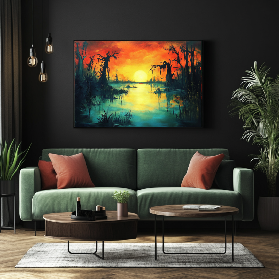 Large surreal swamp digital art canvas print by My Store, featuring vibrant colors and abstract nature design, 120x71cm