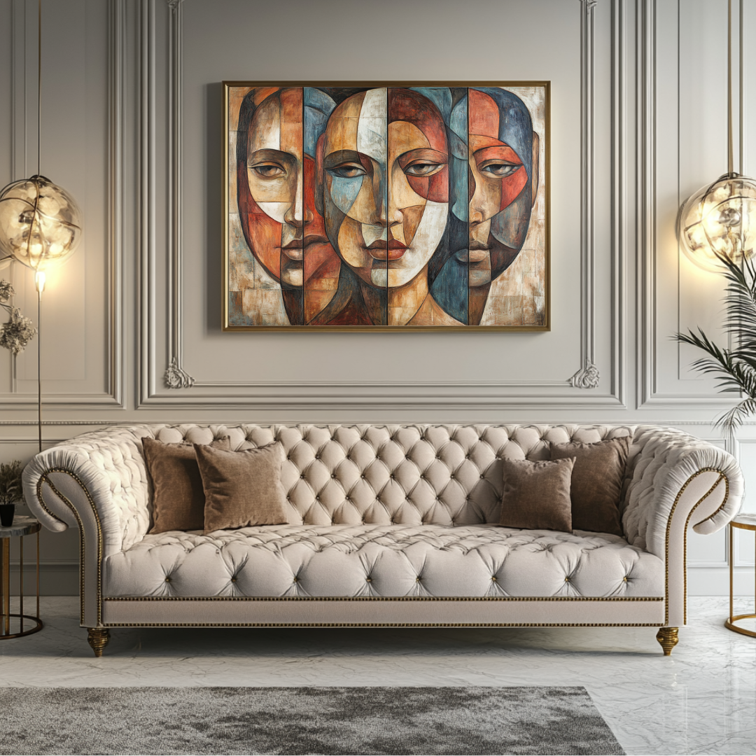 Three nurses abstract canvas print in vibrant colors, modern figurative art by My Store, ideal for career-themed decor.