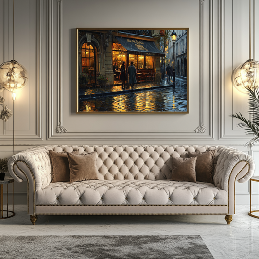 Atmospheric canvas print featuring a bar scene with warm lighting, by My Store