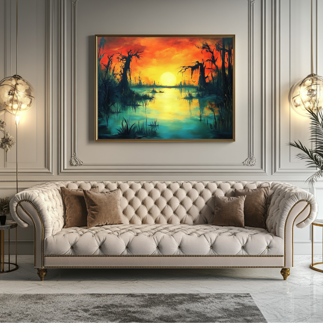 Large surreal swamp digital art canvas print in vibrant colors, 120x71cm by My Store, ideal for contemporary bedroom decor.