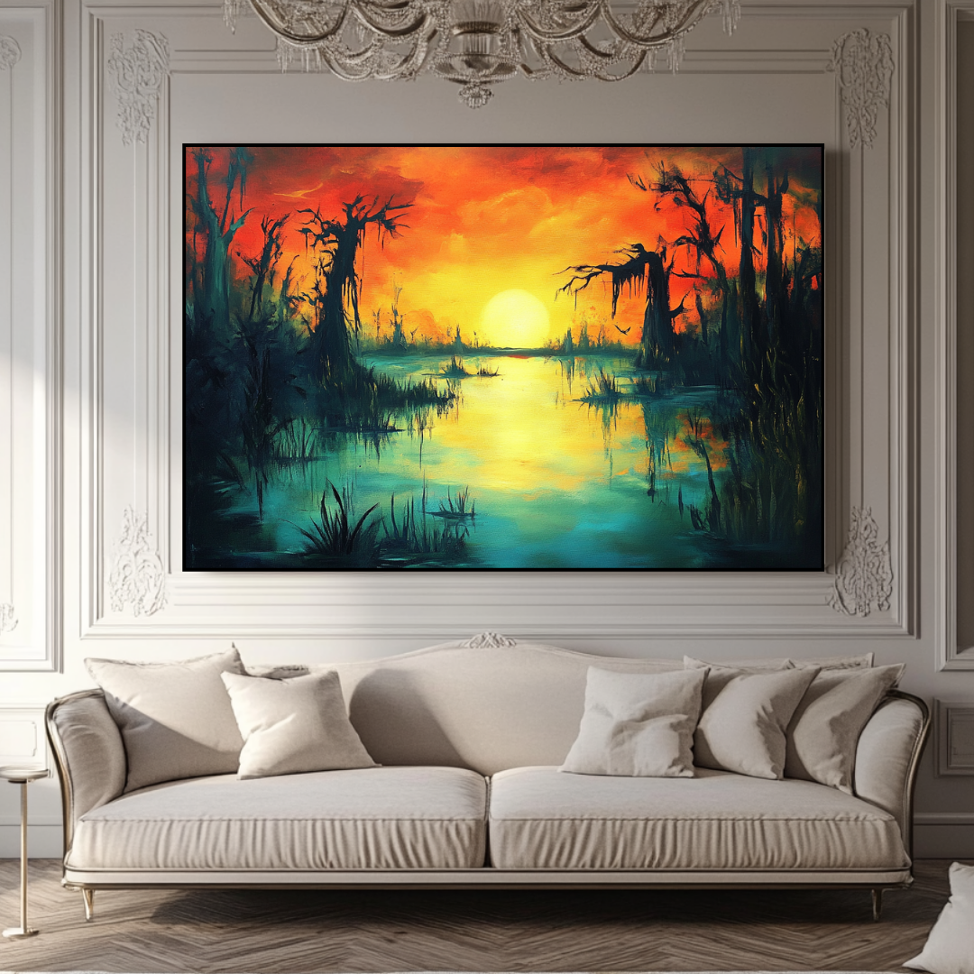 Large surreal swamp digital art canvas print in vibrant colors, 120x71cm, by My Store for contemporary bedroom decor.
