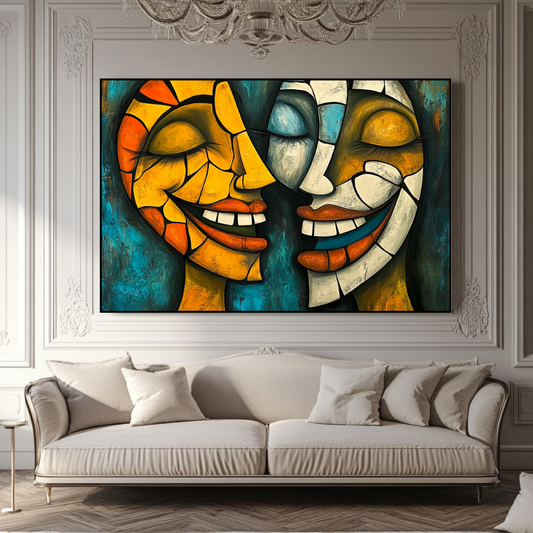 Colorful abstract art canvas print featuring whimsical figures by My Store, perfect for contemporary wall decor.