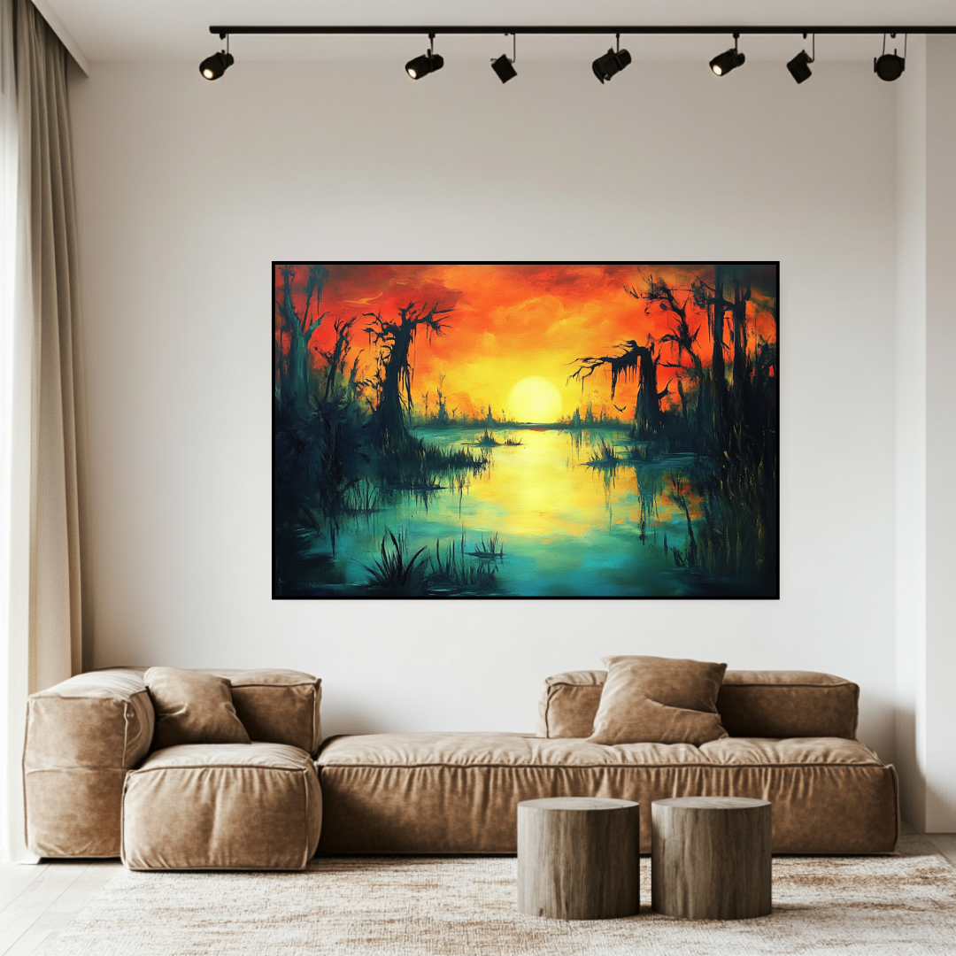 Large surreal swamp digital art canvas print by My Store, featuring vibrant abstract nature in rich colors, 120x71cm.