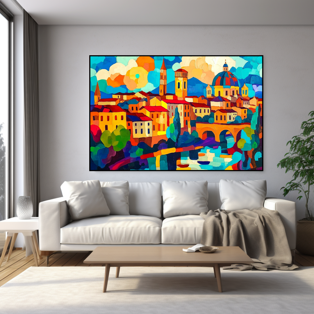 Abstract cityscape canvas print of Budapest in vibrant colors, 130x93cm by My Store