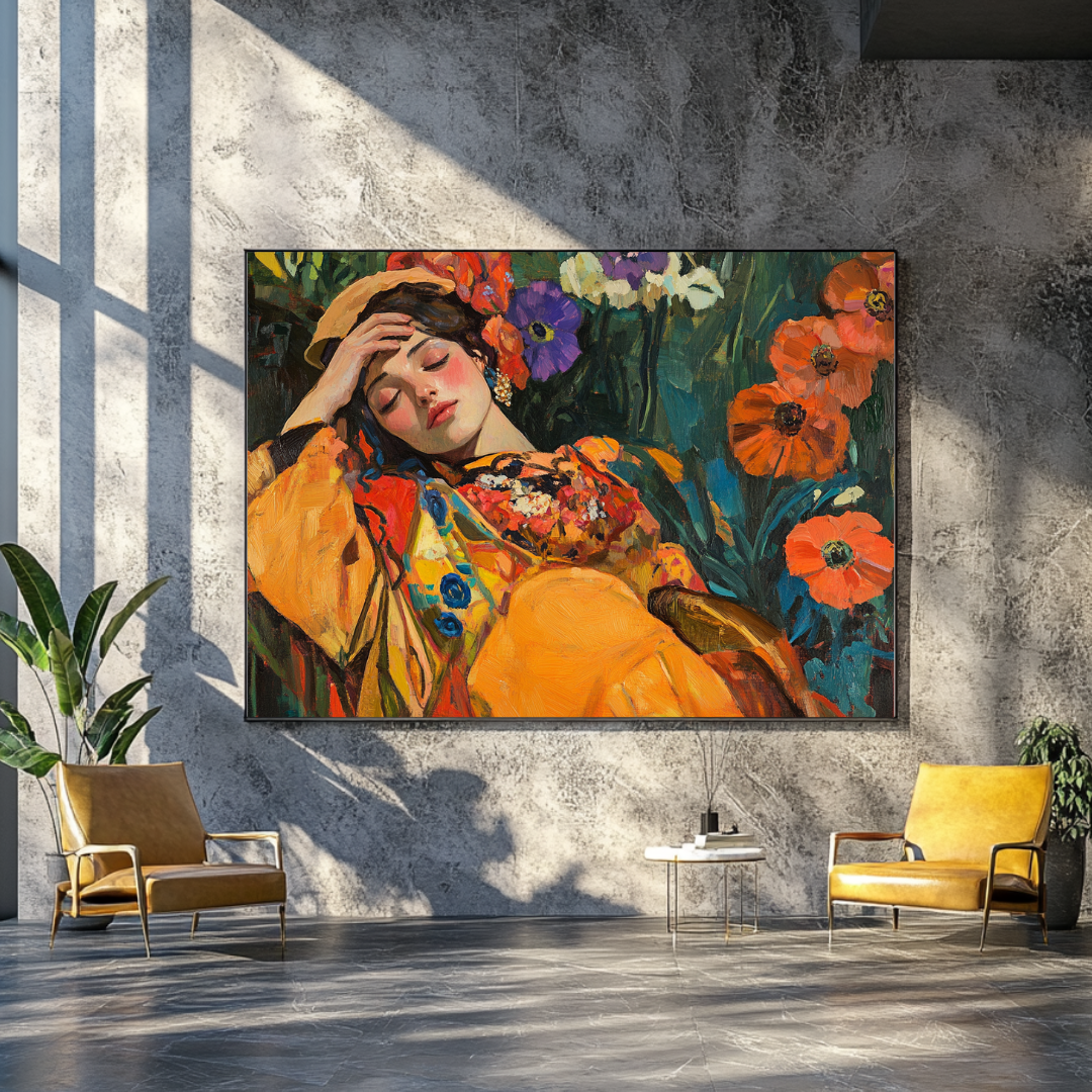Colorful contemporary canvas art print of Maria Esperanza, 90x120cm, by My Store, featuring vibrant hues and abstract design