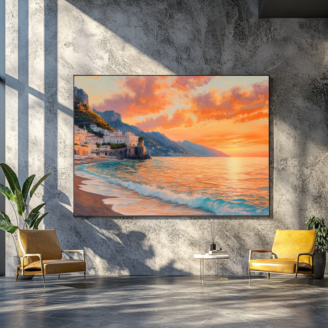 Amalfi Coast sunset canvas art print featuring vibrant colors and cliffside city scene, perfect for Mediterranean wall decor