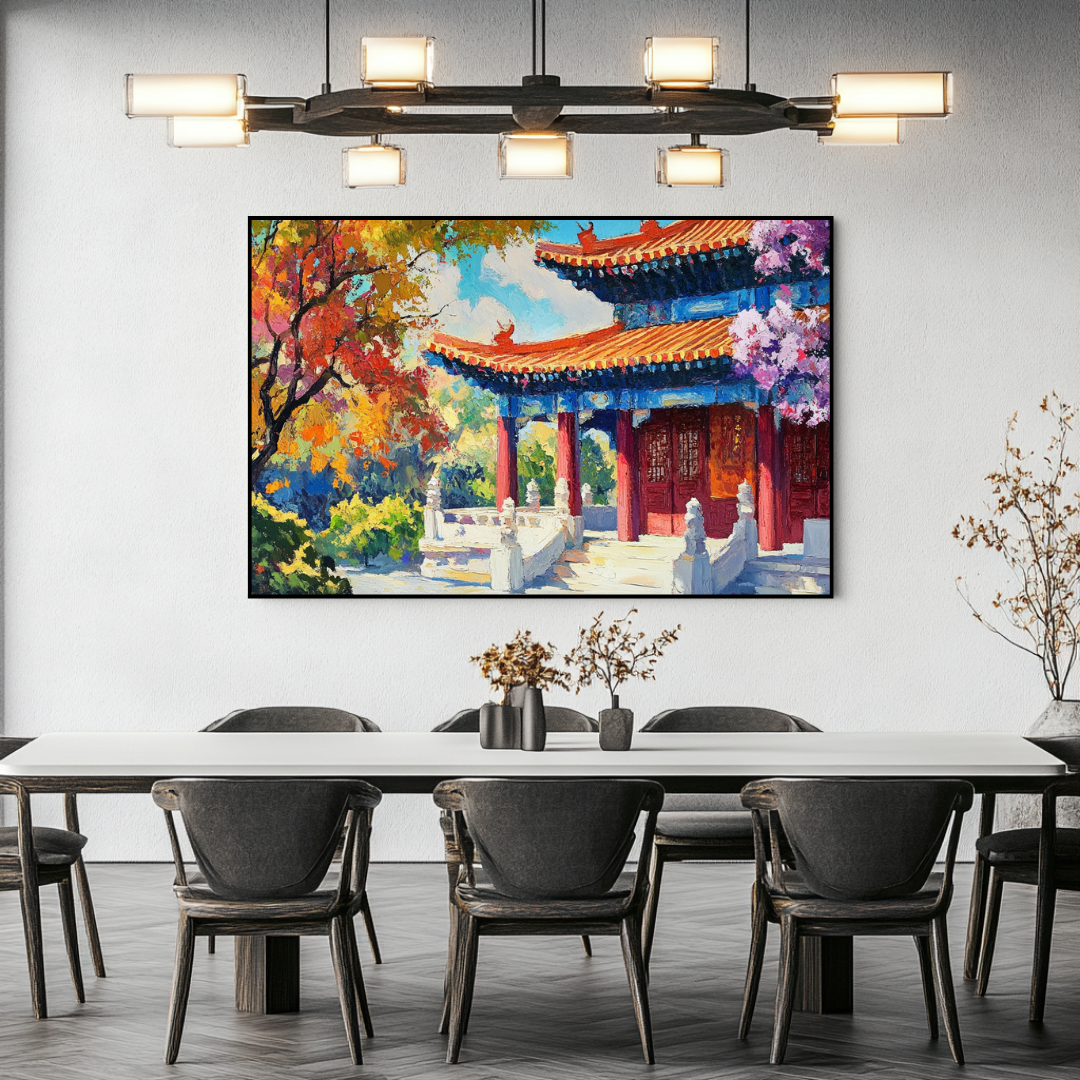 Large 90x120cm giclée canvas print of architectural art by My Store, featuring vibrant colors and intricate details.